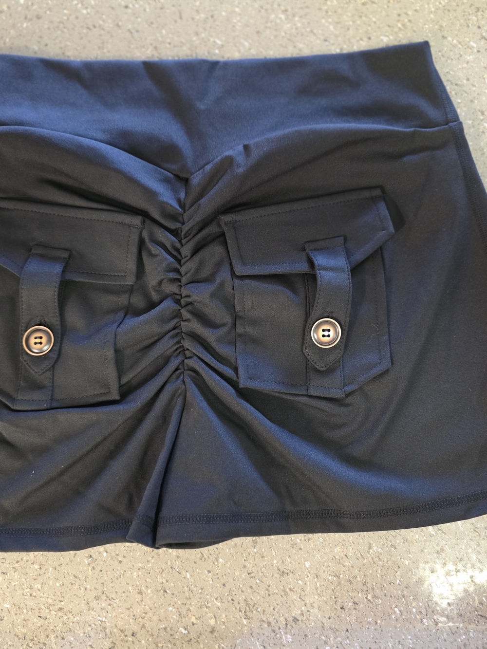Stretchy Black Ruched Mini Shorts with Button Flap Pockets Xl